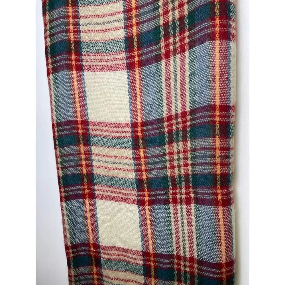 Womens Red Plaid Neck Scarf Cream Fringe Countryside‎ Prep Square Wrap